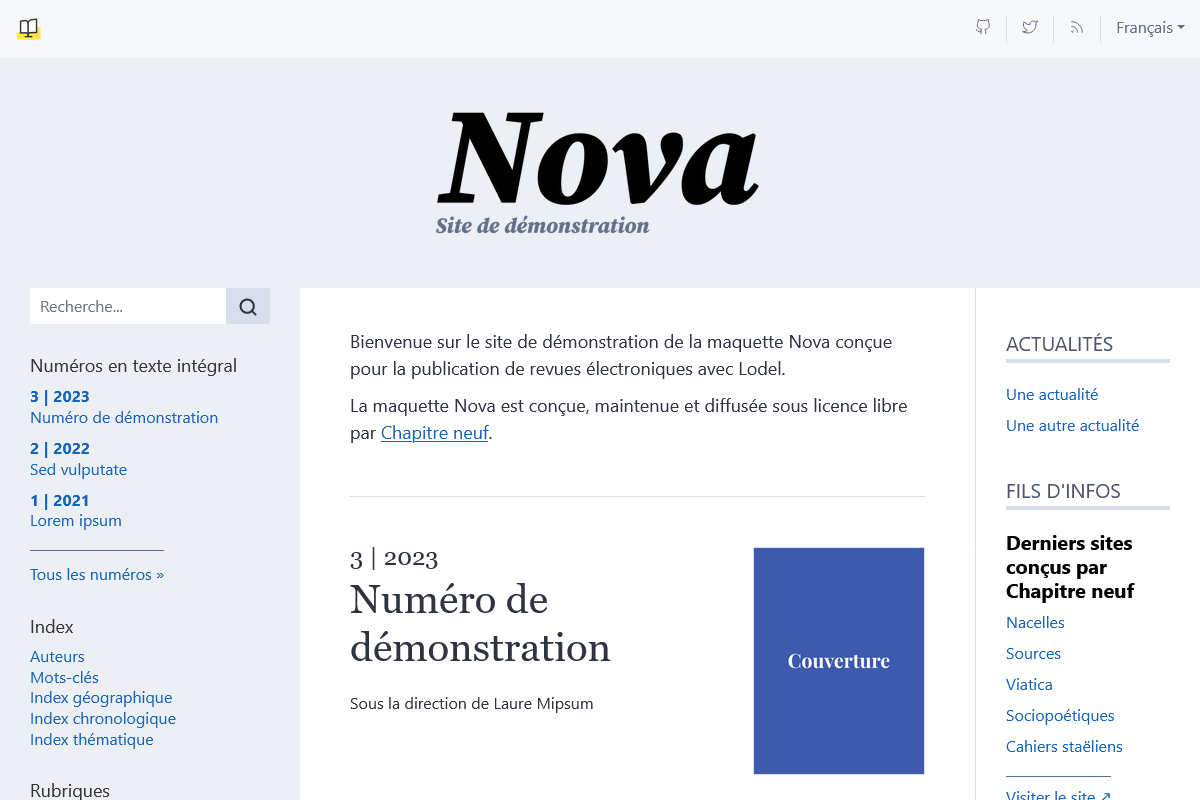 Capture d'écran de la page d'accueil d'un site utilisant la maquette Nova